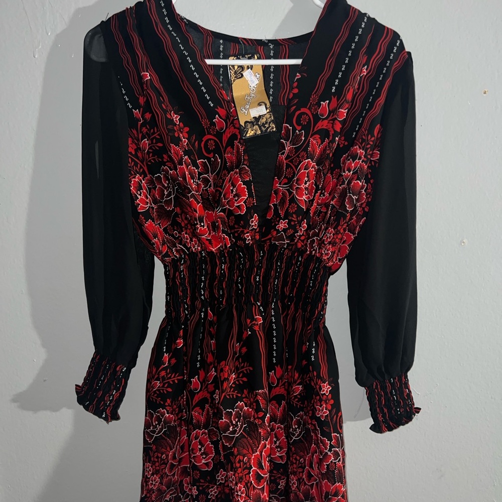 Love Tree Black Dress with Red Floral Print & V-Neck